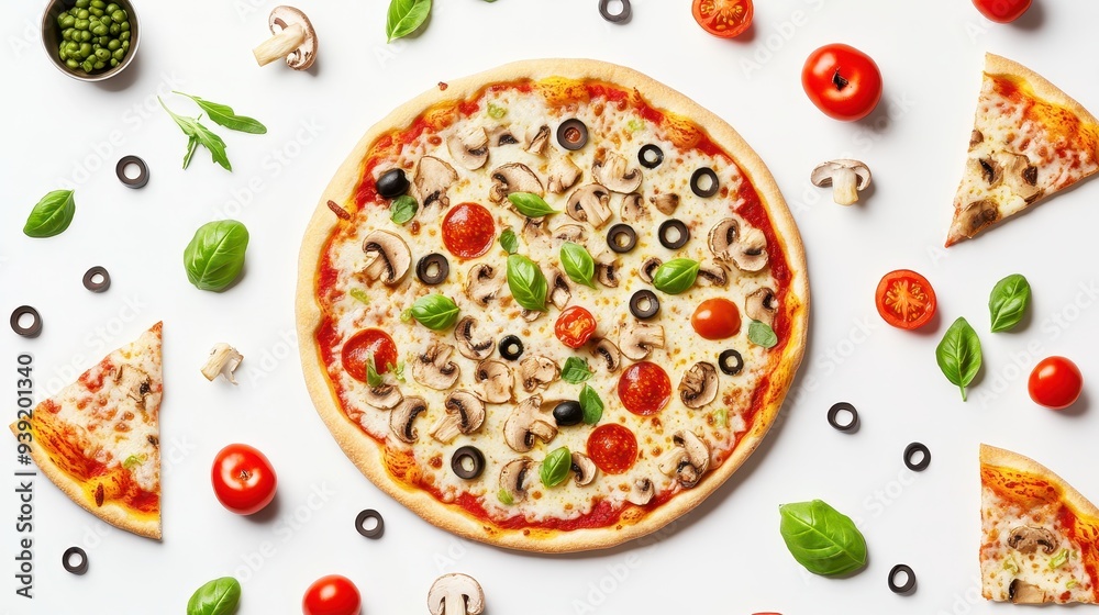 A delicious pizza topped with mushrooms, tomatoes, olives, and basil, surrounded by fresh ingredients. A delicious pizza topped with mushrooms, tomatoes, olives, and basil, surrounded by fresh ingredients.