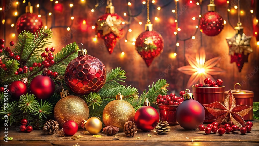 festive crimson glow: Rich red tones, twinkling ornaments, ornate decorations, holiday cheer