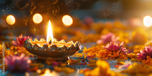 Close-up of a beautifully decorated Diwali diya, intricate patterns and flowers around it, soft golden light, focus on cultural detail and warmth