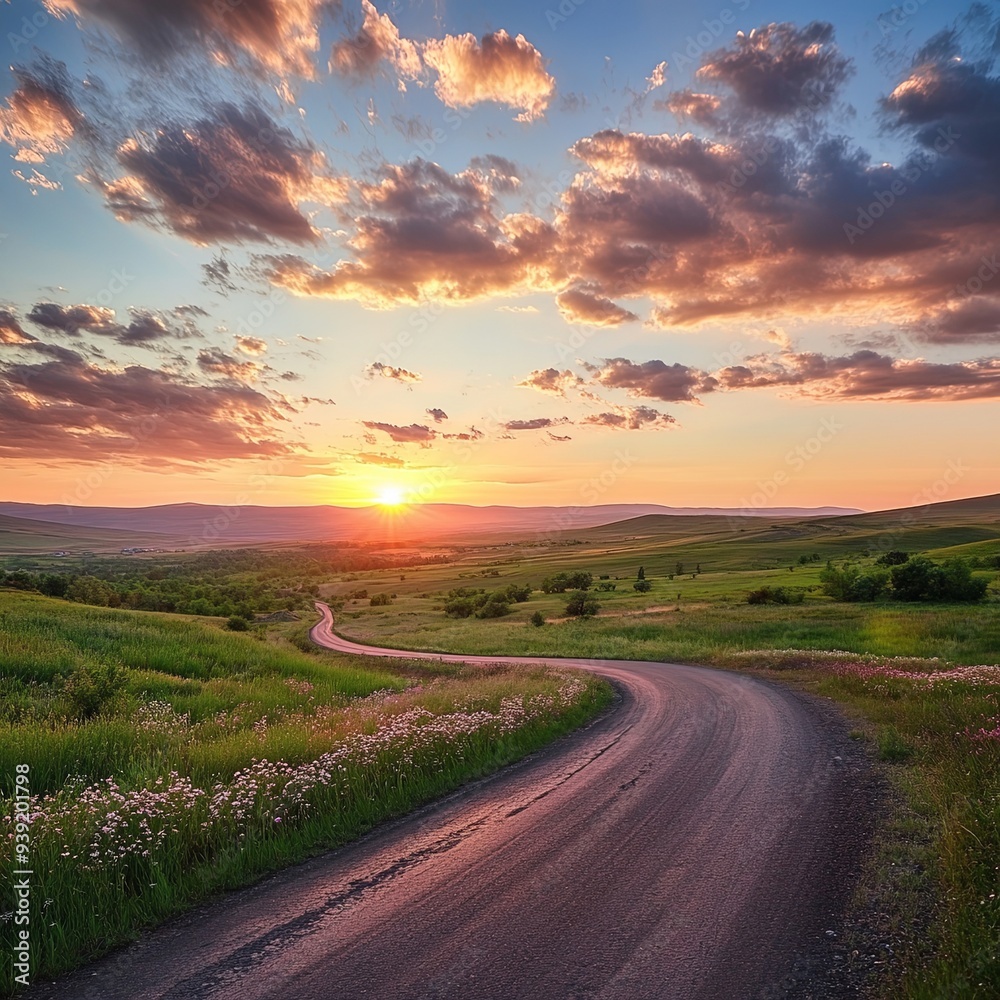 magnificent landscape of road on meadow on background of beautiful sunset sky with clouds. Exploring Armenia magnificent landscape of road on meadow on background of beautiful sunset sky with clouds. Exploring Armenia