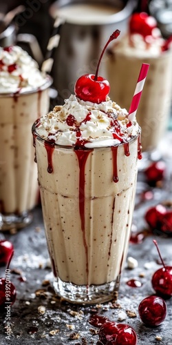 Indulge in a creamy milkshake topped with whipped cream and a cherry, perfect for summer treats or dessert cravings.