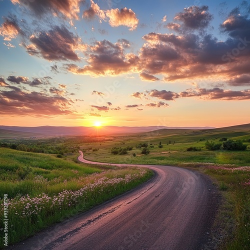 magnificent landscape of road on meadow on background of beautiful sunset sky with clouds. Exploring Armenia