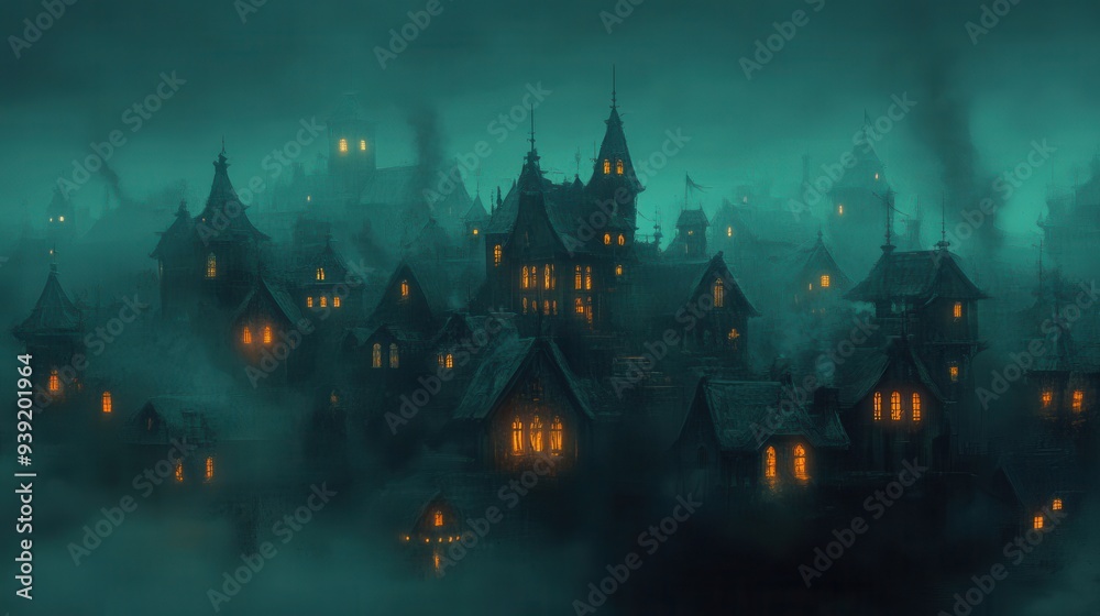 A dark, misty village with Gothic-style houses illuminated by a warm glow. The atmosphere is eerie and mysterious.