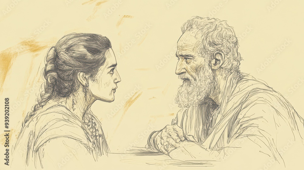 Obraz premium Mordecai and Esther’s Leadership: A Moment of Mutual Respect as They Discuss the Future of Their People in the Royal Palace - Biblical Illustration