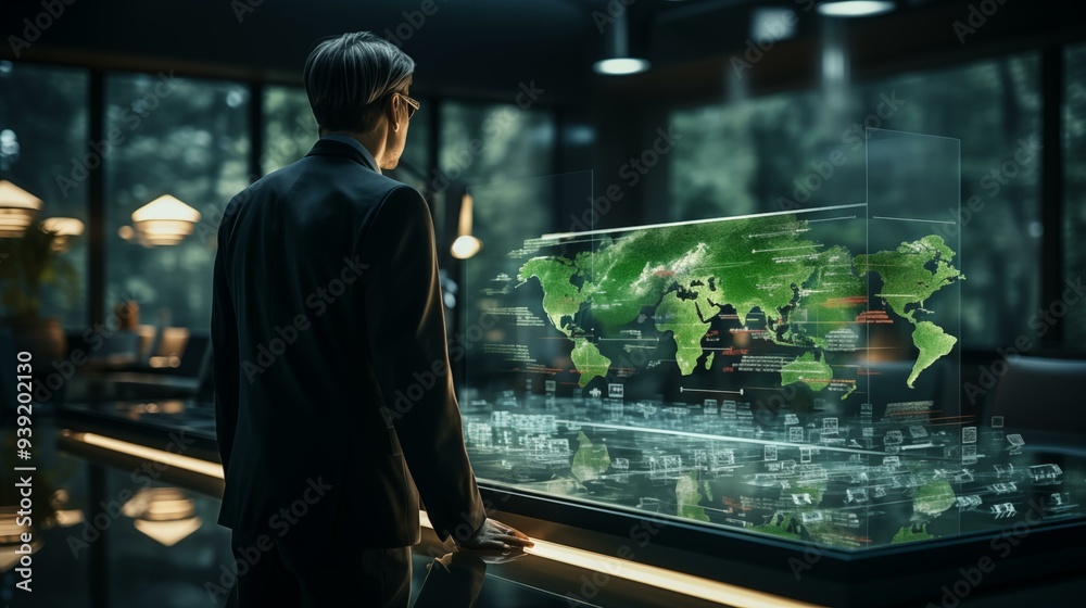 A man stands in front of a large projection screen of a map of the world A man stands in front of a large projection screen of a map of the world