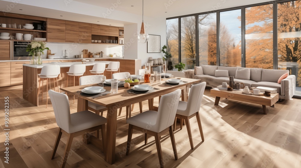 A large, open living room with a wooden floor and a wooden dining table A large, open living room with a wooden floor and a wooden dining table
