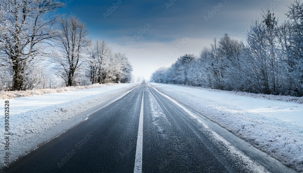 Straight road covered with snow and ice at winter Straight road covered with snow and ice at winter