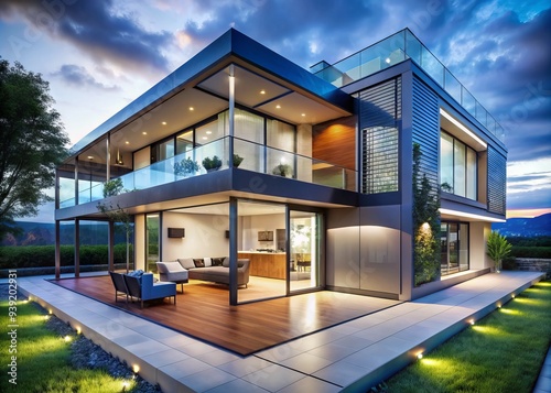 Futuristic Smart Home: Advanced technology, automated systems, sleek design, glass walls, AI integration.