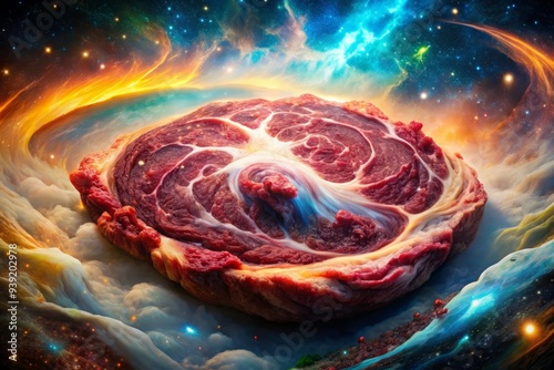 Galactic Meat Nebula: Surrealistic meat arrangement with swirling colors, top view, imaginative