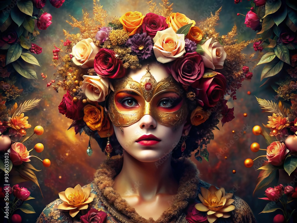 Gastronomic Concealment: Floral mask obscuring mouth, lavish spread, opulent setting, warm colors, dreamlike Gastronomic Concealment: Floral mask obscuring mouth, lavish spread, opulent setting, warm colors, dreamlike