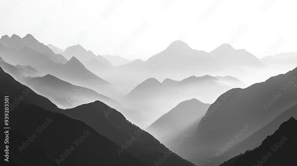 Fototapeta premium Black and white mountain range silhouette. Wide view with fog. Background of mountain ridges and hills.