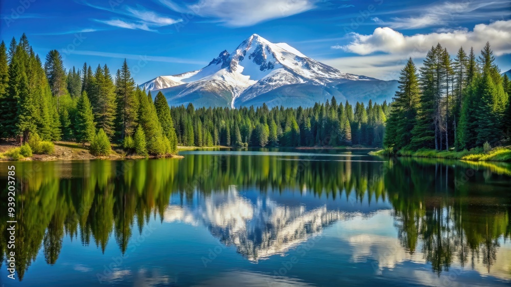 Snow-capped Mount Spokane towers above a serene alpine lake surrounded by lush green forest, reflecting the majestic beauty of the Pacific Northwest landscape. Snow-capped Mount Spokane towers above a serene alpine lake surrounded by lush green forest, reflecting the majestic beauty of the Pacific Northwest landscape.