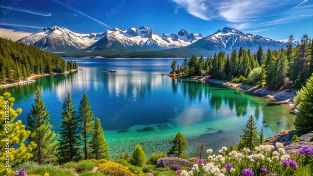 Φωτογραφία Snow-capped Sierra Nevada peaks rise above serene Lake Tahoe's turquoise waters, surrounded by lush green forests and alpine wildflowers under a brilliant blue sky