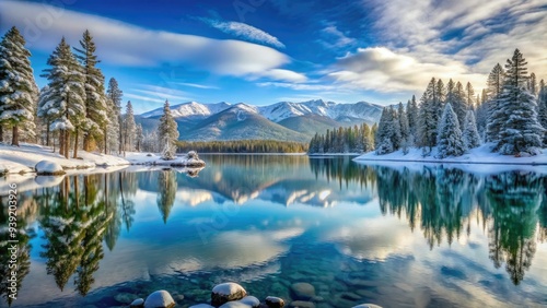 Snow-capped Sierra Nevada mountains reflect upon the calm, frozen surface of Lake Tahoe, surrounded by lush evergreen forests, in a serene winter wonderland scene.