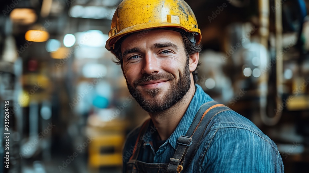 Portrait of a smiling worker in a hard hat looking at the camera against a blurred background. Portrait of a smiling worker in a hard hat looking at the camera against a blurred background.