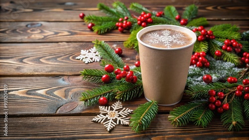 Snowflake-patterned paper cup filled with hot cocoa, surrounded by festive holly sprigs and red berries, on a rustic wooden table at Christmas time. photo