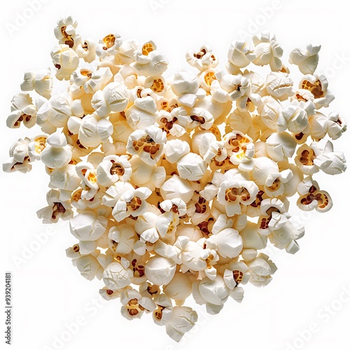 A creative arrangements of popcorn in a heart shape on a solid, isolated PNG background.