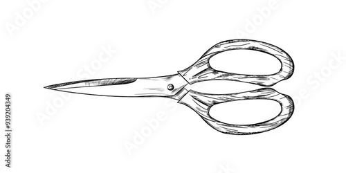 Garden scissors with wooden handles hand drawn in black ink graphically. Tools for the garden, creativity, beauty salon, sewing and atelier, equipment for cutting. Vector illustration for icon, logo