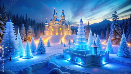 Snowflakes swirl around an ethereal ice palace, illuminated by a soft blue glow, as frosty trees and misty mountains fade into the winter wonderland background. photo