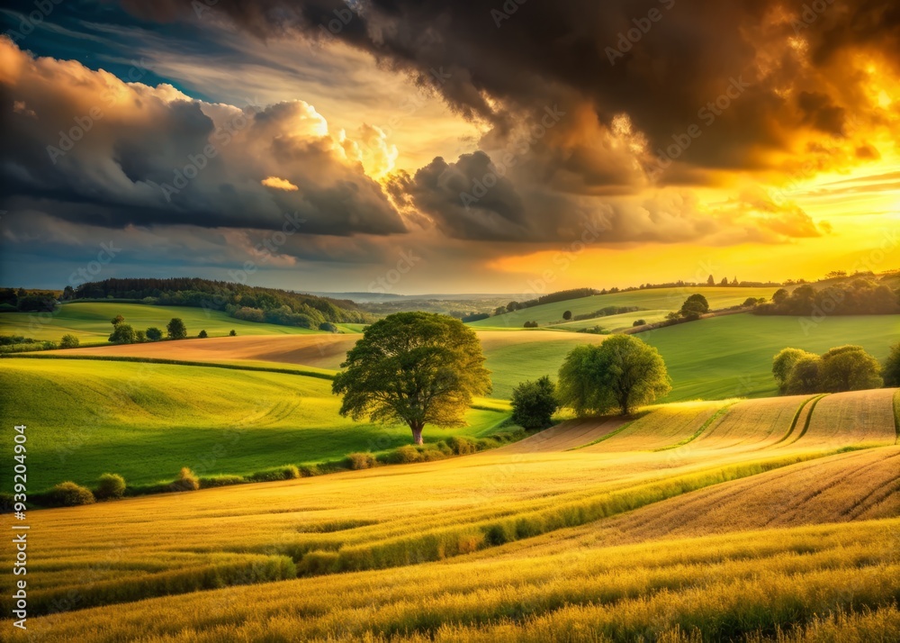 Fototapeta premium Golden Fields Over Green - Moody, panoramic, soft focus, warm tones, rural serenity
