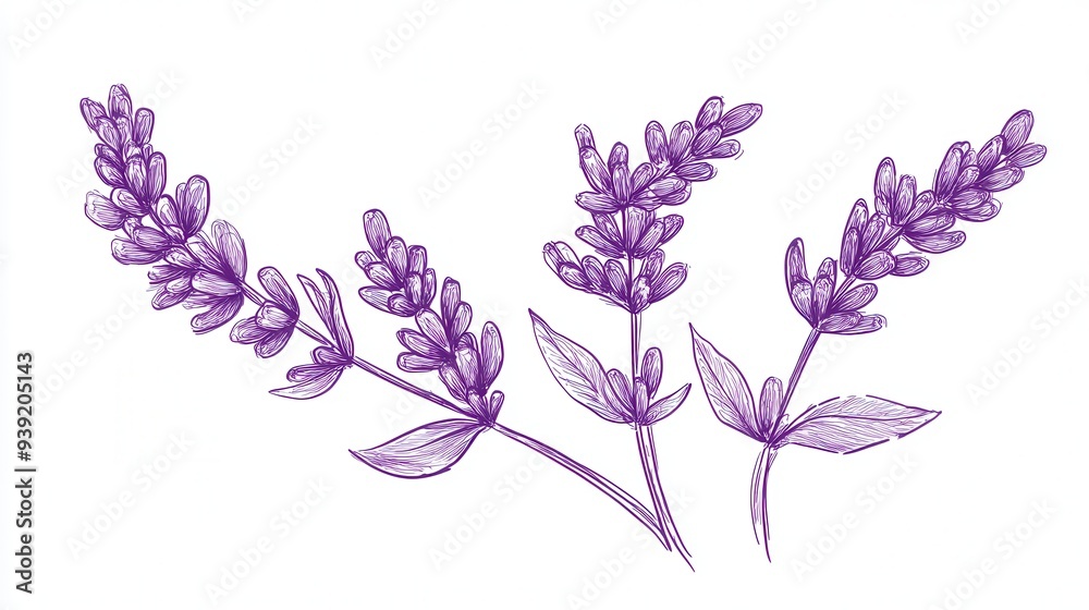 Fototapeta premium A detailed illustration of lavender flowers with leaves.