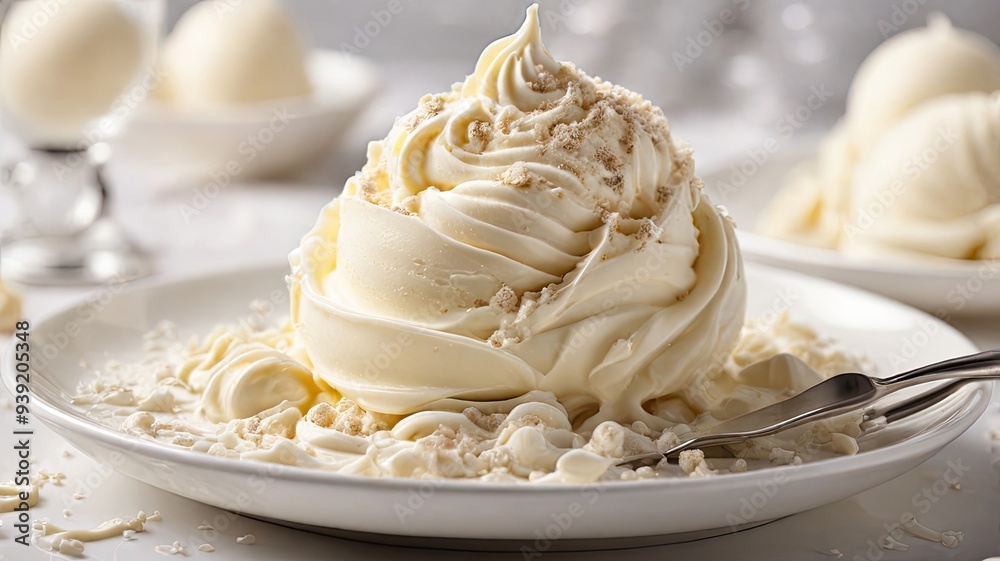Close-up of a white chocolate mousse dessert on a white plate with a fork. Close-up of a white chocolate mousse dessert on a white plate with a fork.