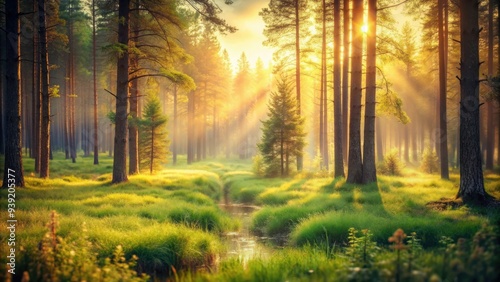 Soft focus image of a serene forest landscape with a warm, hazy filter effect, creating a dreamy and nostalgic atmosphere on a summer day.