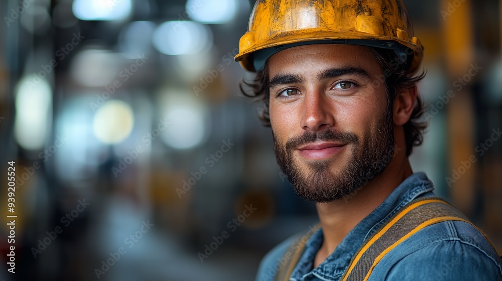 Portrait of a smiling worker in a hard hat looking at the camera against a blurred background. Portrait of a smiling worker in a hard hat looking at the camera against a blurred background.