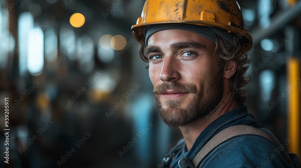 Portrait of a smiling worker in a hard hat looking at the camera against a blurred background. Portrait of a smiling worker in a hard hat looking at the camera against a blurred background.