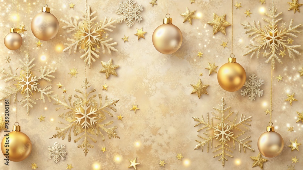 Fototapeta premium Softly textured beige background with subtle snowflake patterns and delicate golden ornaments, evoking a warm and cozy festive atmosphere for holiday designs.