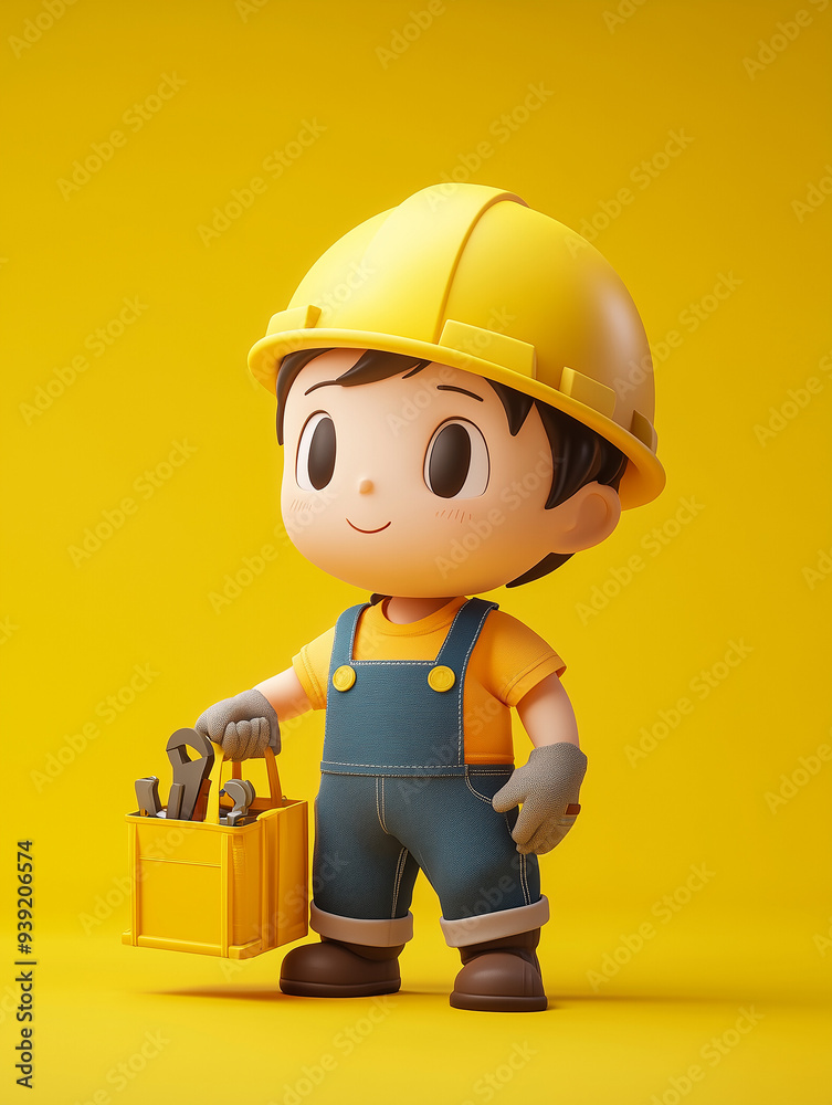 A cute cartoon character dressed as a construction worker, wearing a yellow hard hat and overalls, holds a toolbox filled with tools. A cute cartoon character dressed as a construction worker, wearing a yellow hard hat and overalls, holds a toolbox filled with tools.
