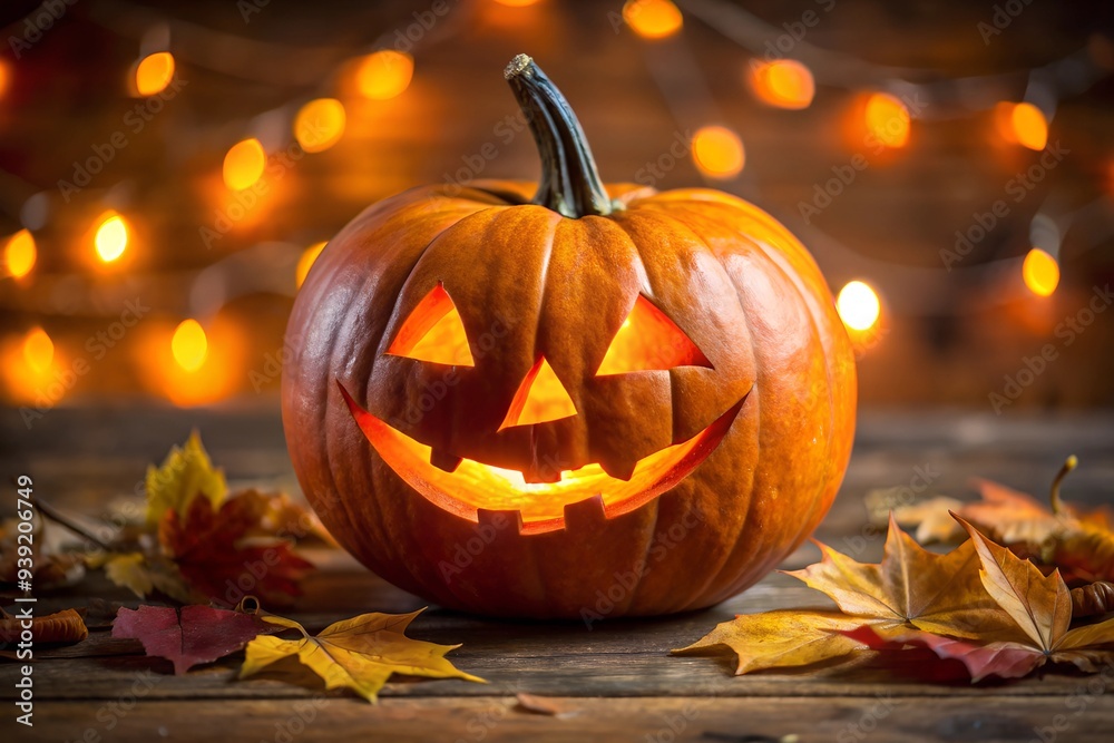 Fototapeta premium выcarved pumpkin on a wooden table. halloween autumn holiday