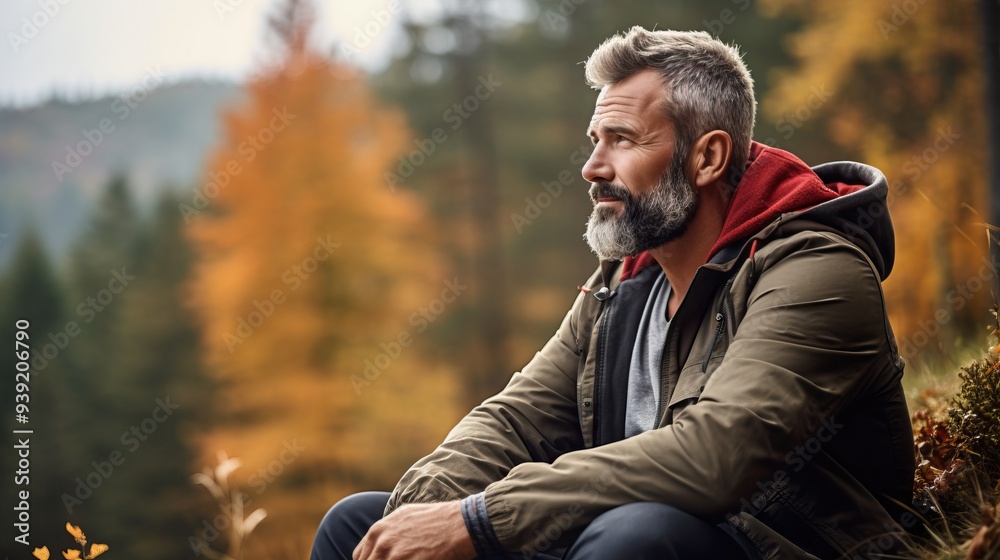 Thoughtful mature man with a beard sitting alone in the autumn forest by the campfire. Thoughtful mature man with a beard sitting alone in the autumn forest by the campfire.