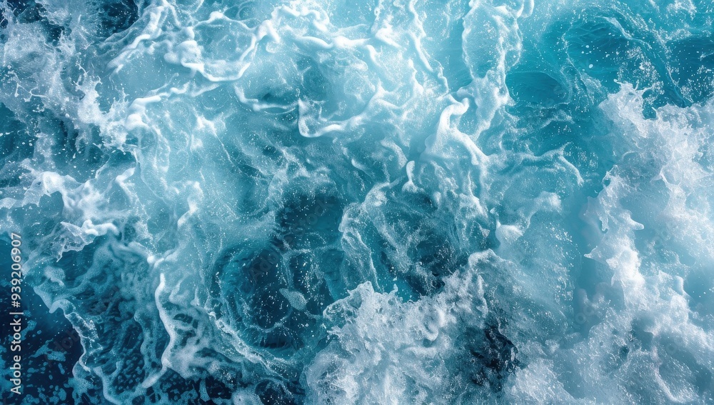 Fototapeta premium Aerial view of turquoise blue ocean water with waves and white foam.