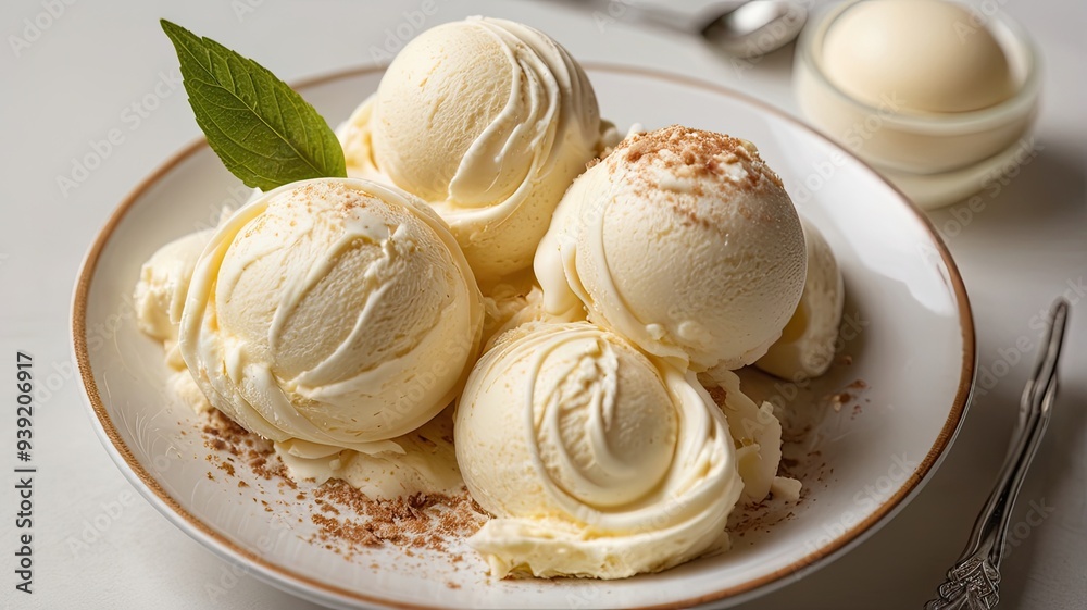 Scoops of vanilla ice cream with crumbs on a plate. Scoops of vanilla ice cream with crumbs on a plate.