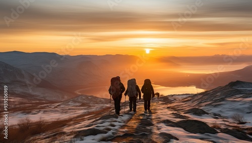 Three hikers walk along a mountain ridge at sunrise. They are silhouetted against the golden light as they make their way towards the distant mountains and water.