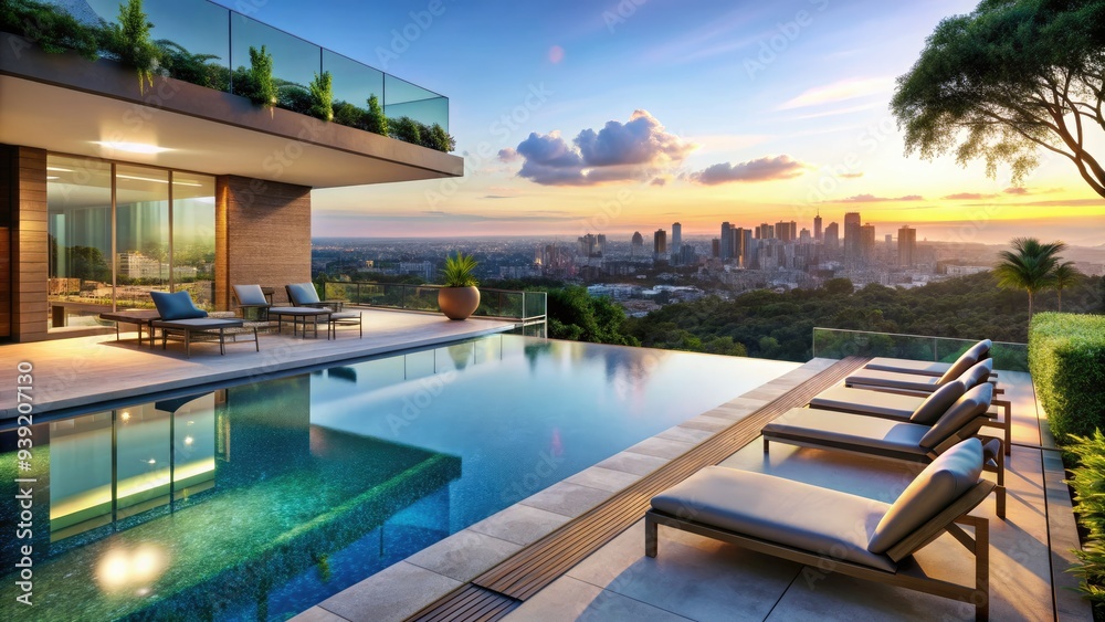 Fototapeta premium Sophisticated outdoor oasis featuring an infinity-edge swimming pool, sleek lounge chairs, and lavish landscaping, surrounded by sleek glass railings and breathtaking city views.