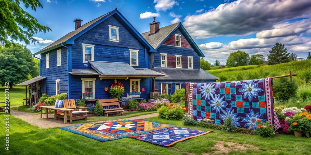 Fototapeta premium Indigo Heritage Homestead: Country homesteads painted in deep indigo, surrounded by lush fields, featuring traditional crafts, quilts, and pottery, showcasing the vibrant cultural heritage.