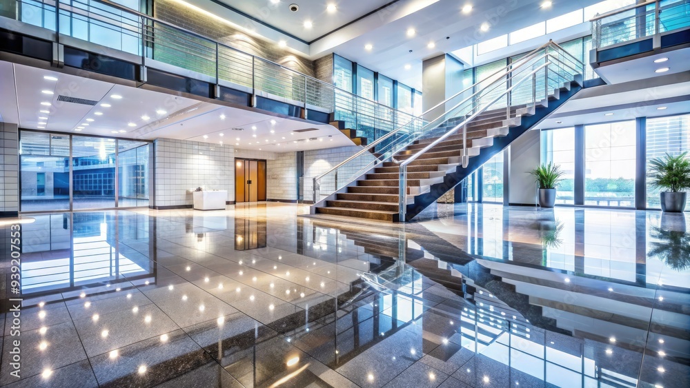 Sparkling clean office floor with shiny tiles, reflected staircase, and spotless surfaces, showcasing meticulous maintenance and attention to detail in a modern corporate space. Sparkling clean office floor with shiny tiles, reflected staircase, and spotless surfaces, showcasing meticulous maintenance and attention to detail in a modern corporate space.