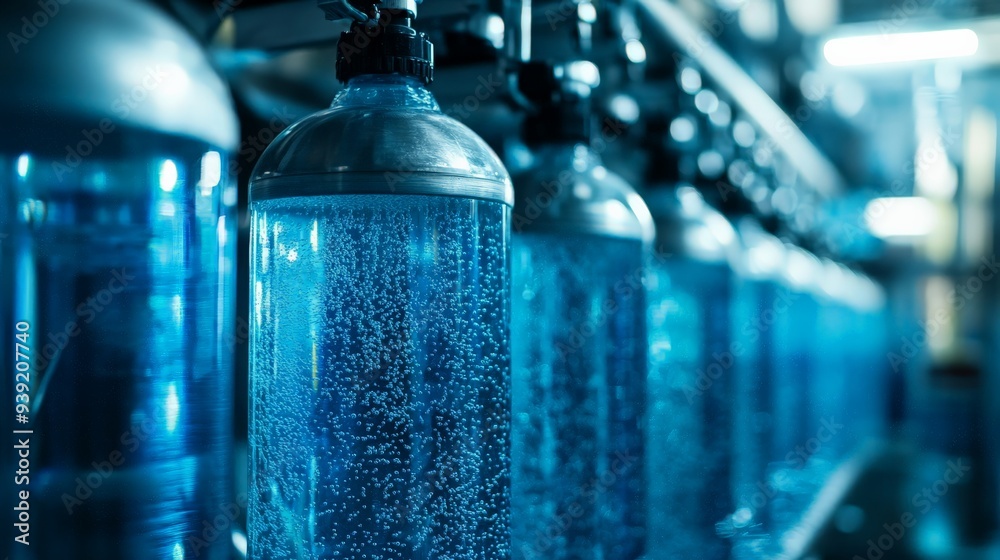 Close-up of a row of filled plastic water bottles in a modern bottling plant, showcasing industrial beverage production with a blue color theme. Close-up of a row of filled plastic water bottles in a modern bottling plant, showcasing industrial beverage production with a blue color theme.