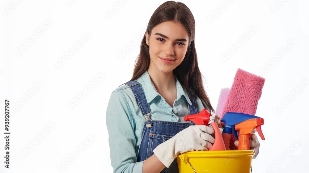 Young woman cleaning on a white background. ai generated art image Young woman cleaning on a white background. ai generated art image