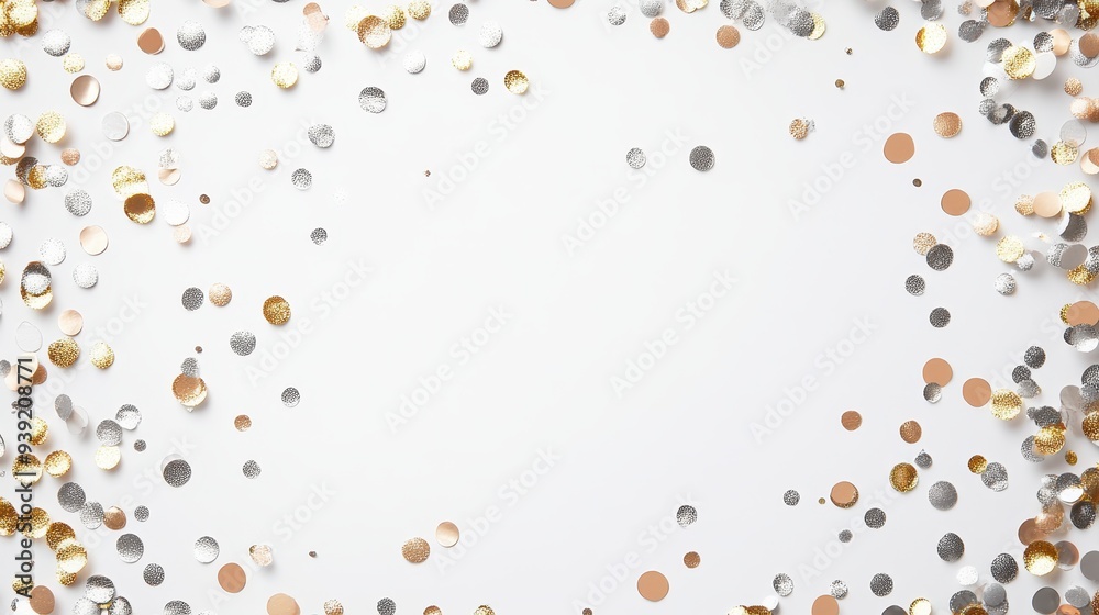 A festive arrangement of gold, silver, and rose-colored confetti on a white background. A festive arrangement of gold, silver, and rose-colored confetti on a white background.
