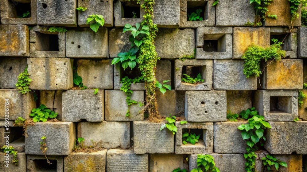 Stacked cinder blocks forming a rustic, weathered wall, with moss and vines growing through the cracks, against a muted, earthy background. Stacked cinder blocks forming a rustic, weathered wall, with moss and vines growing through the cracks, against a muted, earthy background.