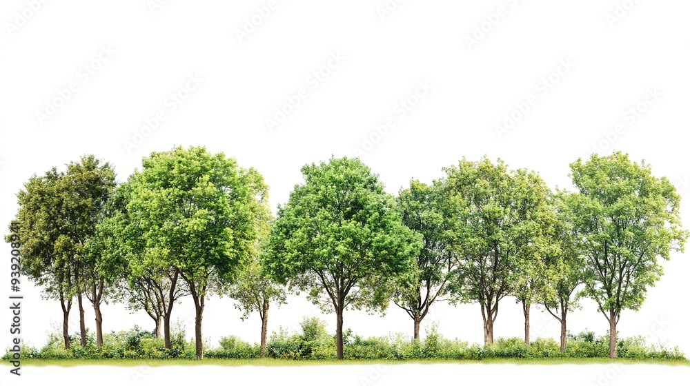 Obraz premium Cutout Tree Line with Forest and Green Foliage: A Detailed Row of Trees and Shrubs Isolated on a White Background, Showcasing Lush Greenery Typical of Summer. 