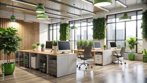 Streamlined office workspace with minimal decor, recycling bins, and energy-efficient lighting, emphasizing a company's commitment to reducing waste and optimizing resources. photo