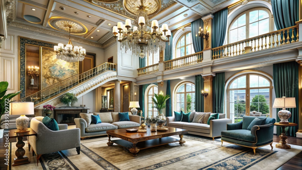 Stunning Grand Living Room Interior With Opulent Furnishings, Soaring Ceilings, And A Chic Color Palette Stunning Grand Living Room Interior With Opulent Furnishings, Soaring Ceilings, And A Chic Color Palette