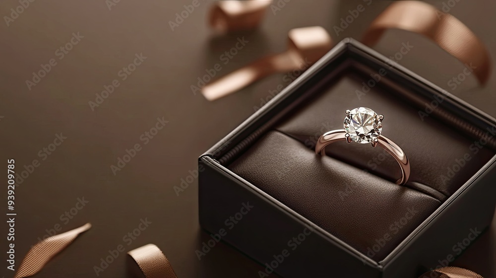 Diamond ring in jewelry gift box floated on brown background Diamond ring in jewelry gift box floated on brown background