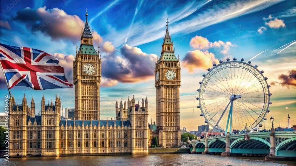 Fototapeta premium Stunning illustration of London's iconic landmarks, including the London Eye and Big Ben, set against a vibrant blue sky with stylized Union Jack accents.