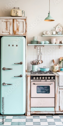 Vintage kitchen featuring a retro fridge and stove with pastel colors, combining style and functionality for a cozy atmosphere. photo