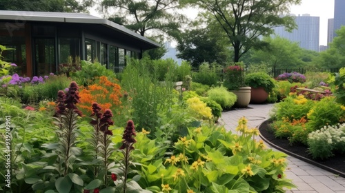 Urban green roof garden with a variety of plants and flowers